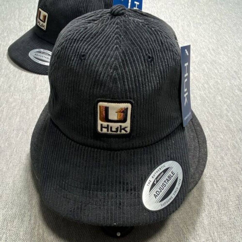 Huk Corduroy Snapback Hat Mens OSFA Black Fishing Gear Logo Patch Adjustable Cap